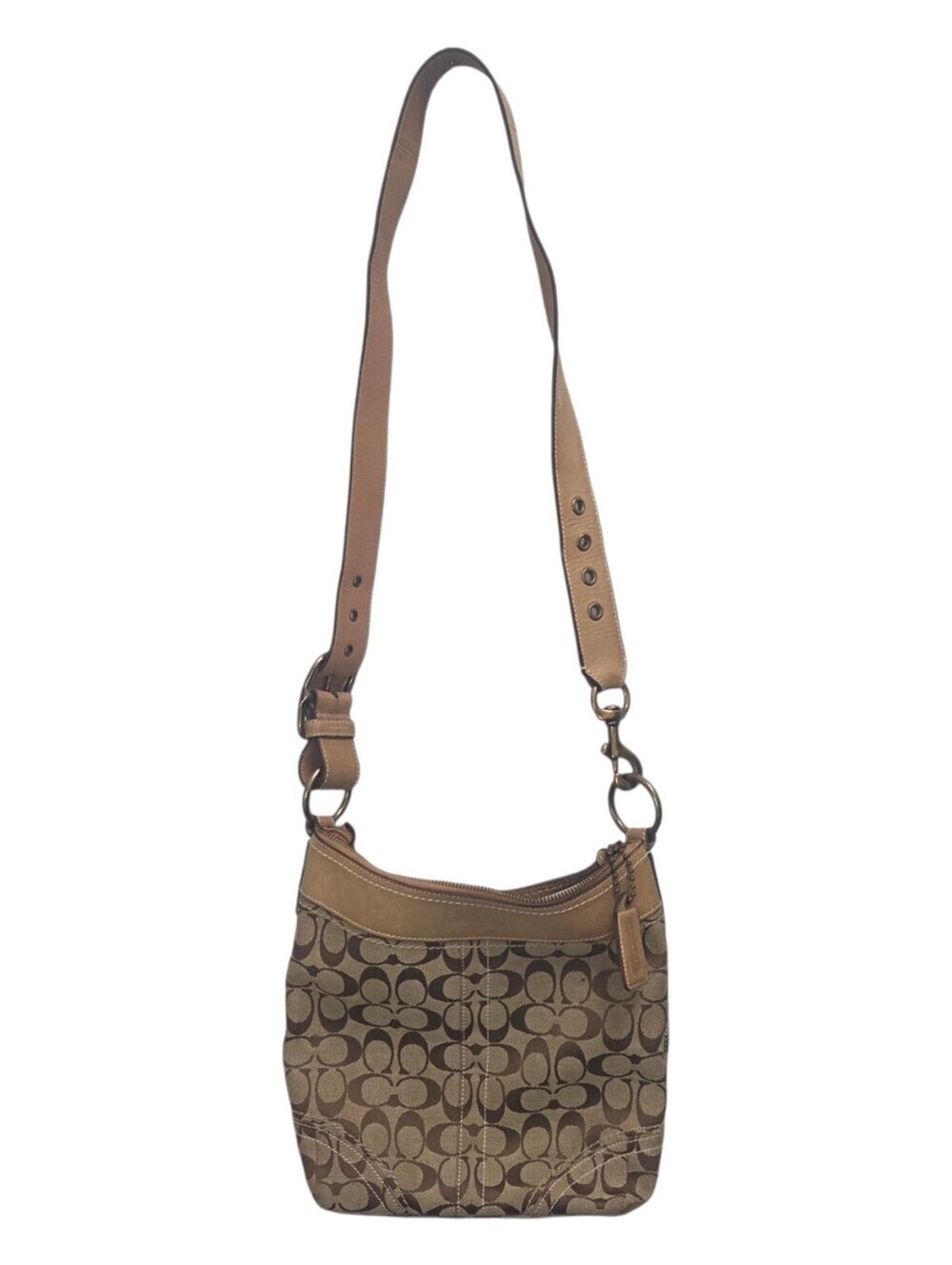 COACH Vintage Signature Medium Duffle Bag 10403 Camel Khaki Swing Pack Purse